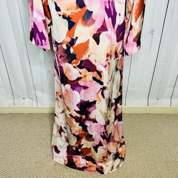 N Natori Caftan Pink Purple Abstract Floral Mix Sz L Full Zip 3/4 Sleeve Pockets - Picture 11 of 11